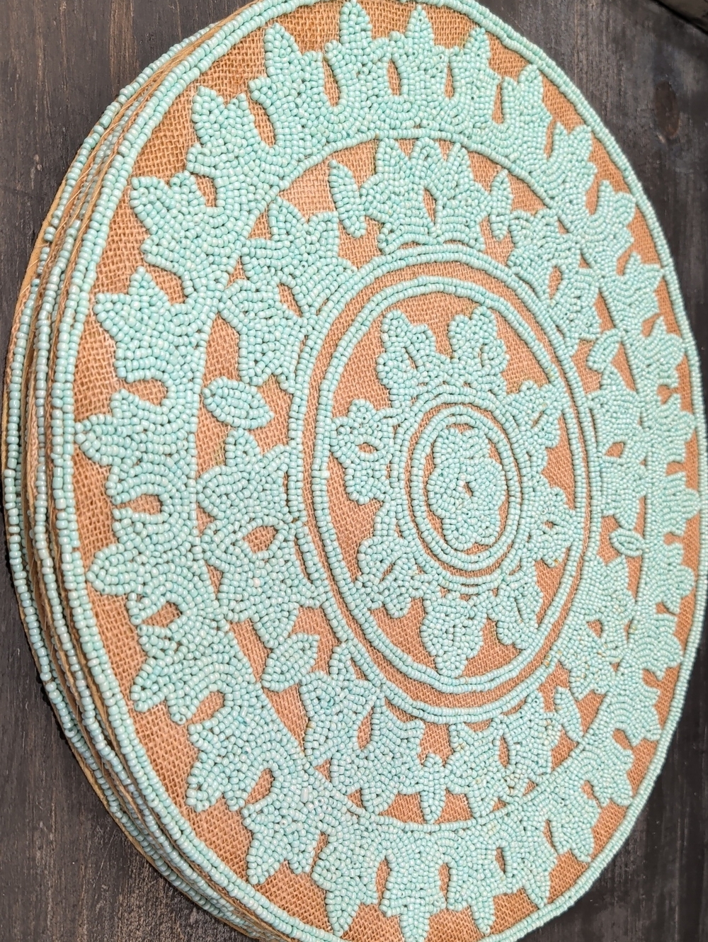 Set Of Four 15 in Diameter Aqua Jute Beaded Round Placemat Cotton Mandala Beach